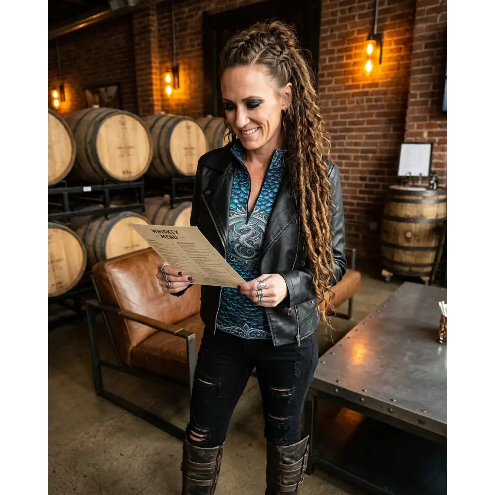 Black leather moto jacket with zipper front and subtle stitching details from Caelestia Draconis performance equestrian sun shirt upf50+ collection