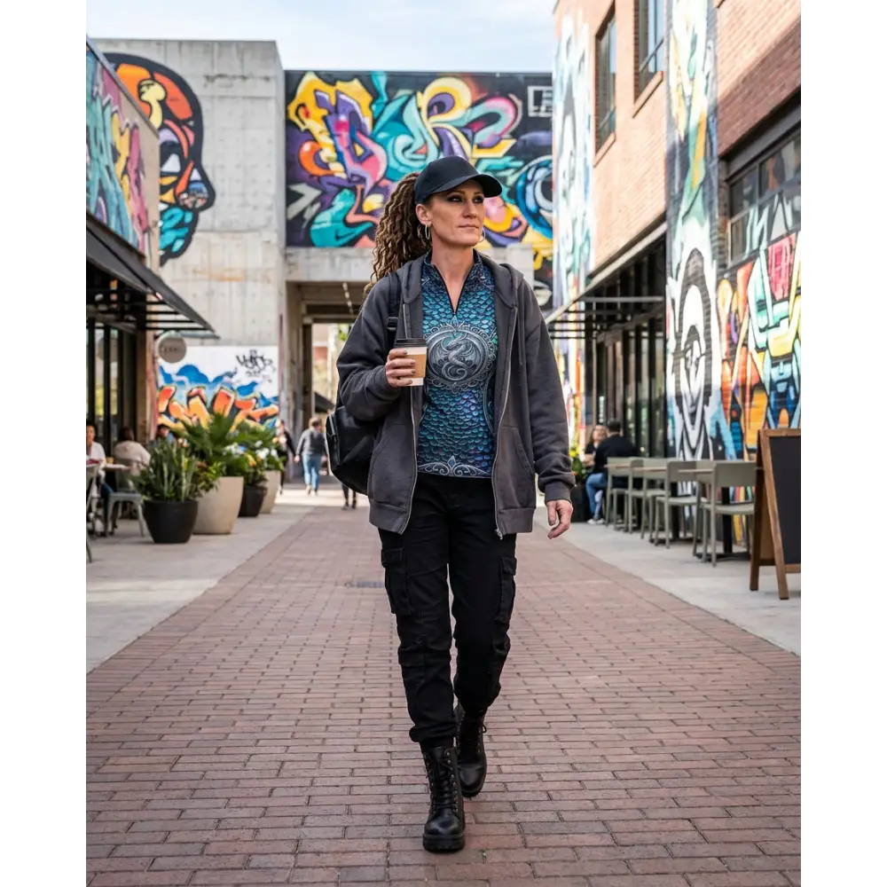 A woman wears a dark gray zip-up hoodie over a blue patterned shirt with black cargo pants and combat boots