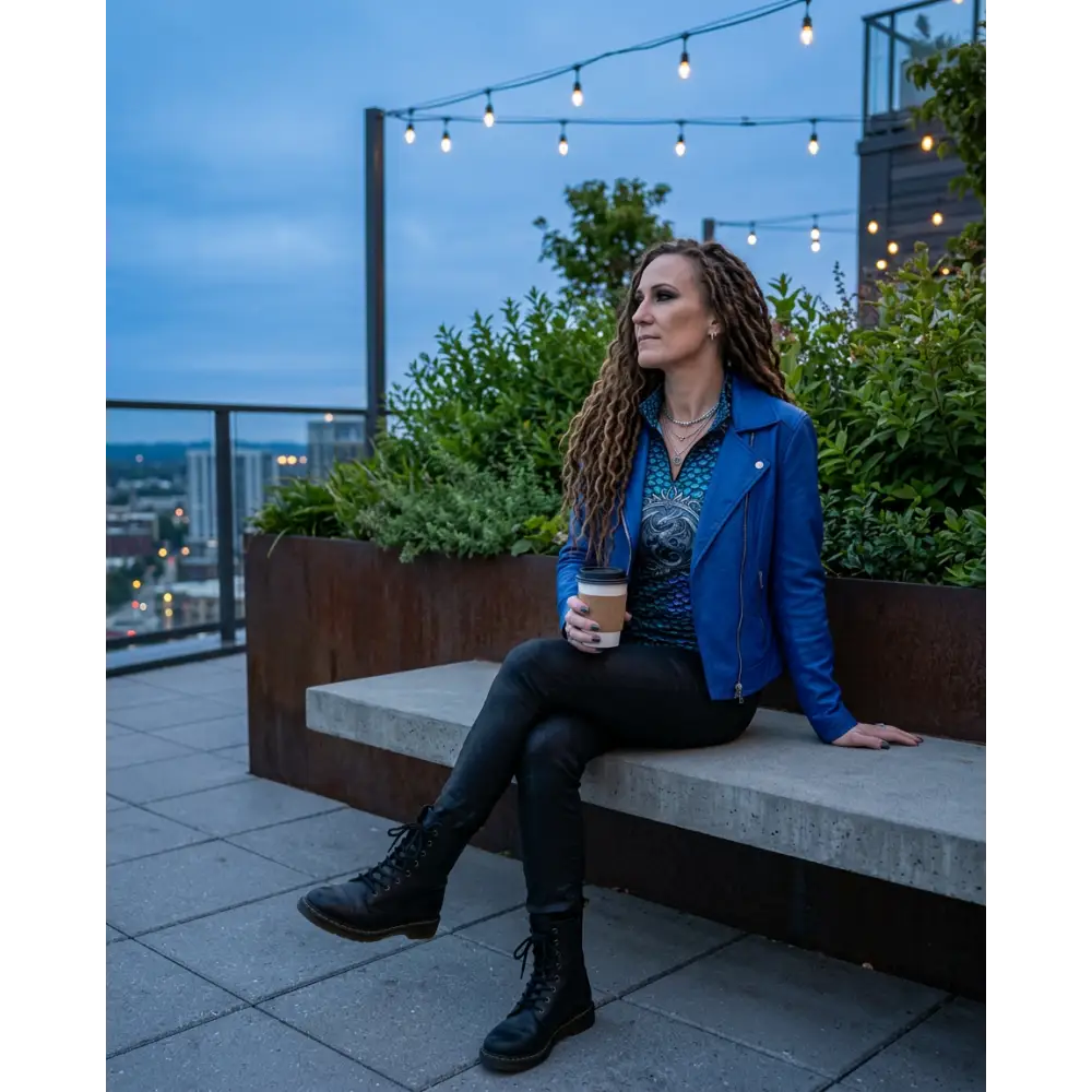 A woman wearing a vibrant blue leather biker jacket with silver zippers and black leggings with combat boots