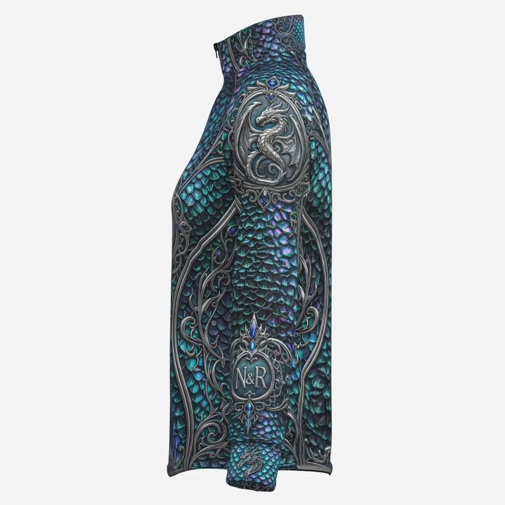 Caelestia Draconis performance equestrian sun shirt with long sleeves iridescent teal purple dragon scale pattern and silver accents