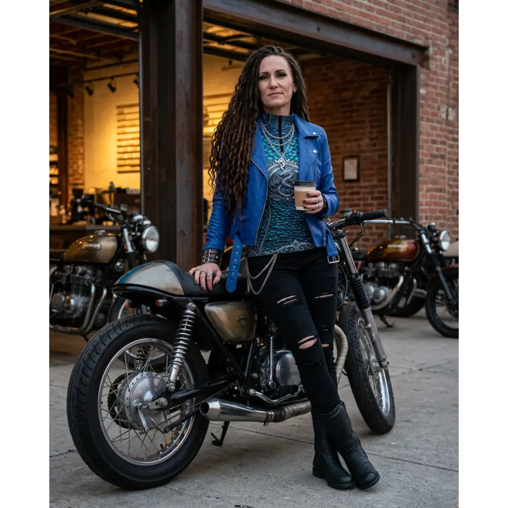 Blue leather motorcycle jacket with silver chain detailing shown from the back in caelestia draconis performance equestrian sun shirt upf50+