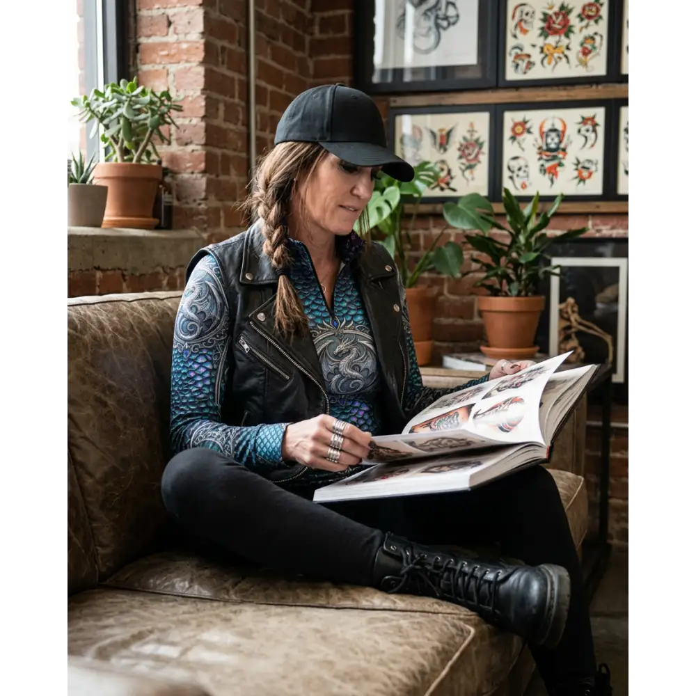 Black leather vest with intricate blue and silver dragon embroidery over matching patterned performance equestrian sun shirt upf50+