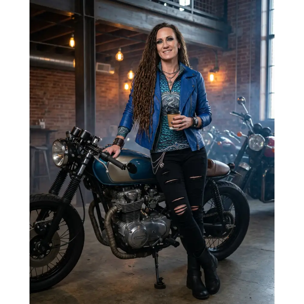 Blue and silver custom-built motorcycle with black leather seat shown from the back for performance equestrian use