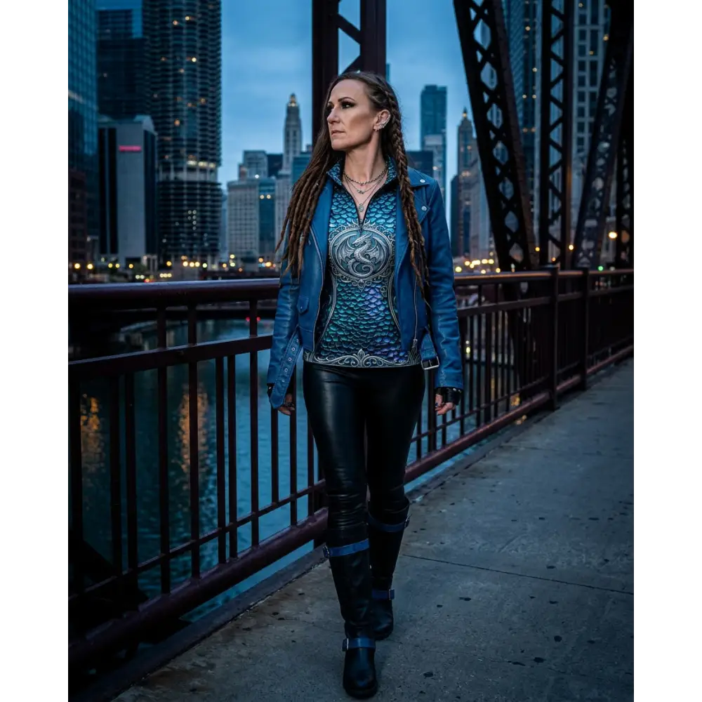 Blue leather performance equestrian sun shirt caelestia draconis with silver-scale pattern and central circular emblem