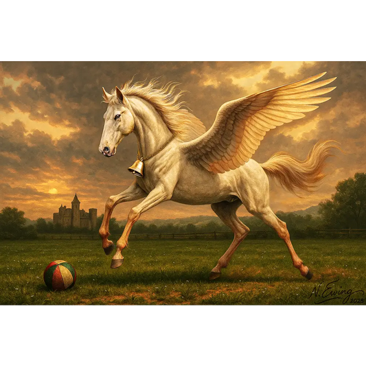 Fantasy Pegasus Canvas Wrap featuring a winged horse with a bell from Cervantes The Youngling’s Dawn