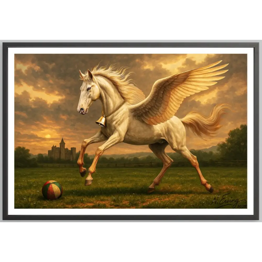 Winged horse with bell artwork featured in Cervantes The Younglings Dawn framed collectible fine art print