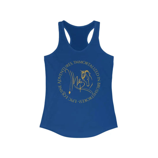 Blue racerback tank top with circle logo for Epic Equine Adventures women’s apparel