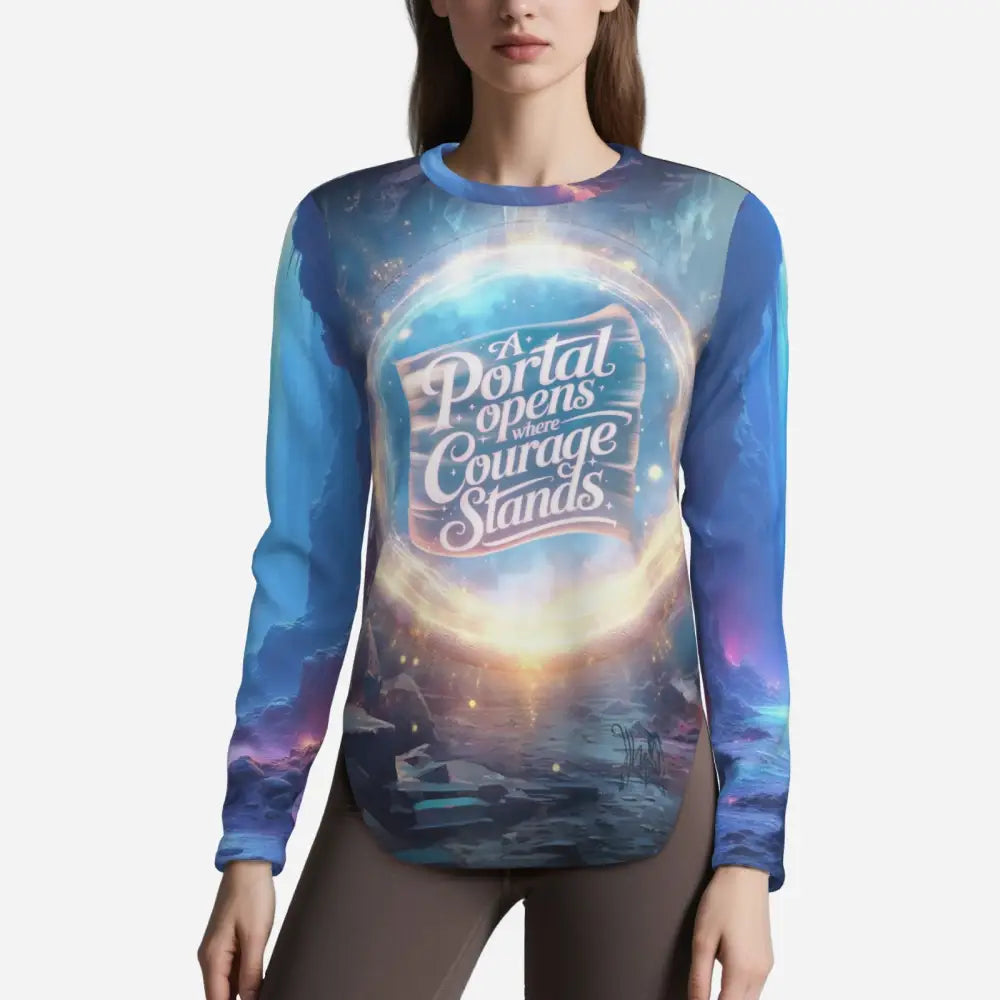 Long-sleeved graphic shirt featuring Pegasus design from Courage Portal Fantasy Sun Shirt UPF50+