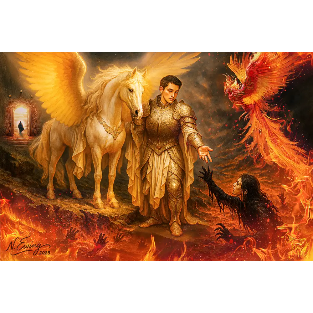Custom equine fantasy portrait digital edition featuring golden armored knight beside white winged horse in fiery landscape
