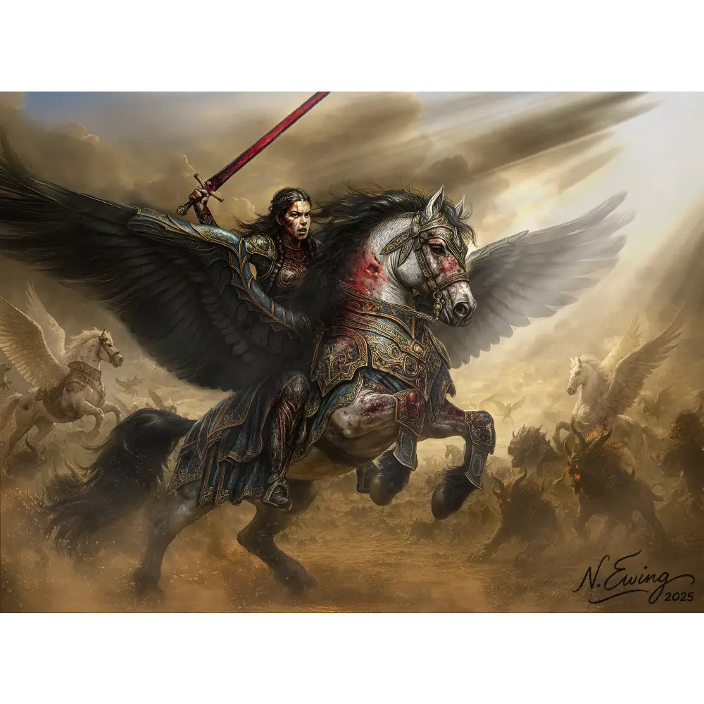 Custom equine fantasy portrait digital edition featuring a winged warhorse with black feathers white coat and ornate armor ridden by a warrior holding a red sword