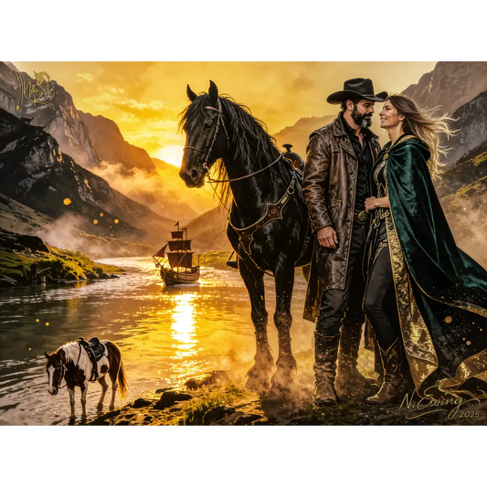 Custom equine fantasy portrait digital edition featuring a black horse with glossy coat and ornate harness at sunset