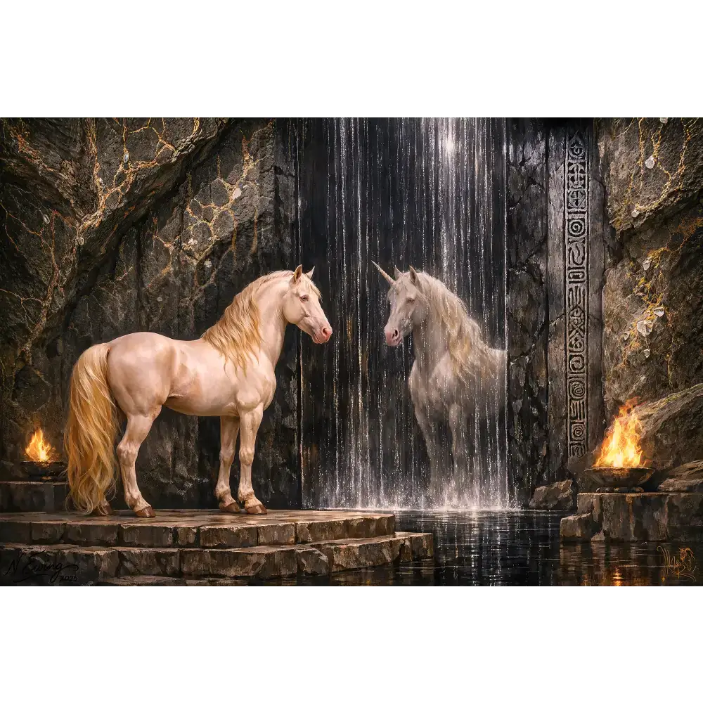 Custom equine and fantasy portrait silver tier featuring a cream-colored horse and white unicorn by waterfall and torches