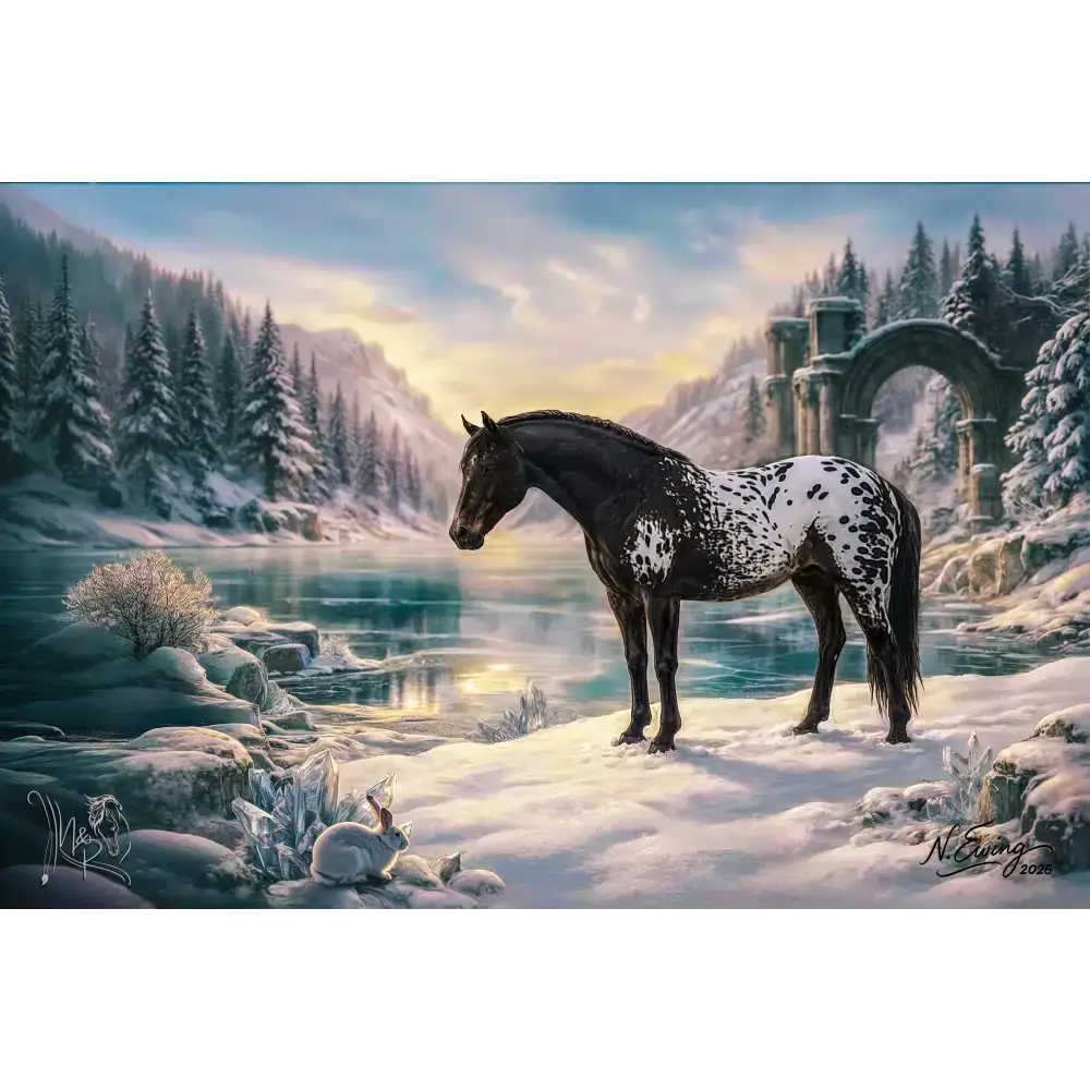 A majestic black and white spotted horse in a snowy landscape beside an icy lake for a custom equine fantasy portrait