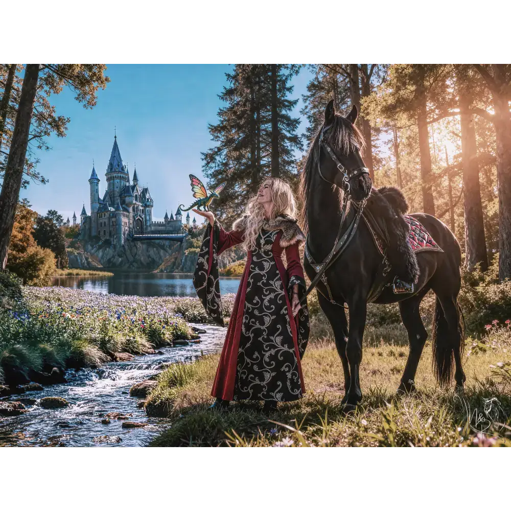 A woman in a black and red embroidered gown with gold detailing holds a butterfly object beside a dark horse in a custom equine portrait silver tier
