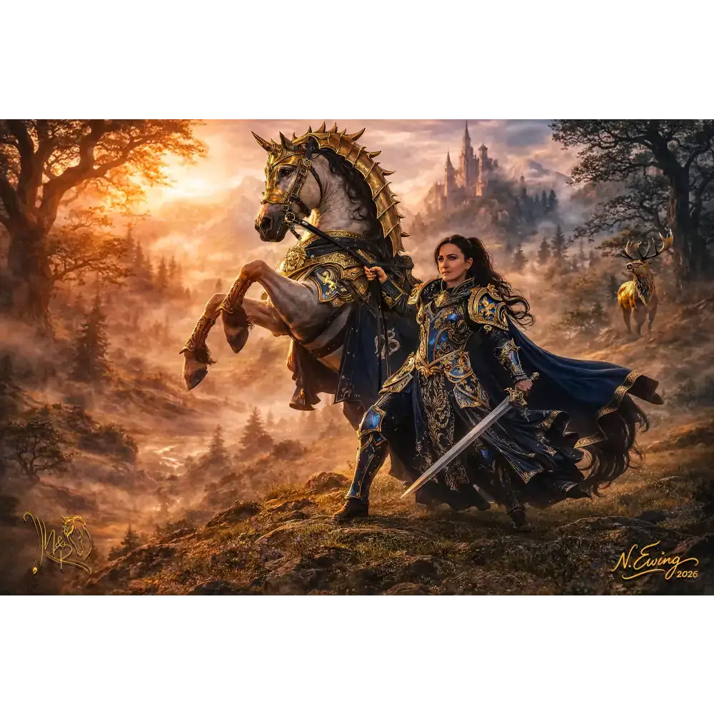 A custom equine and fantasy portrait featuring a majestic white horse with golden armor and a spiky mane on a hillside