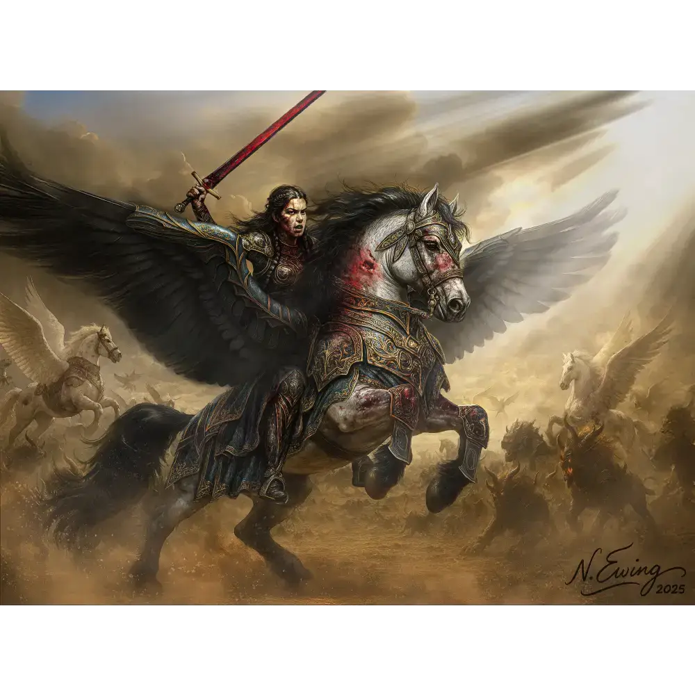 Custom equine and fantasy portrait of a black-winged warhorse with ornate silver armor and rider in dark plate mail galloping