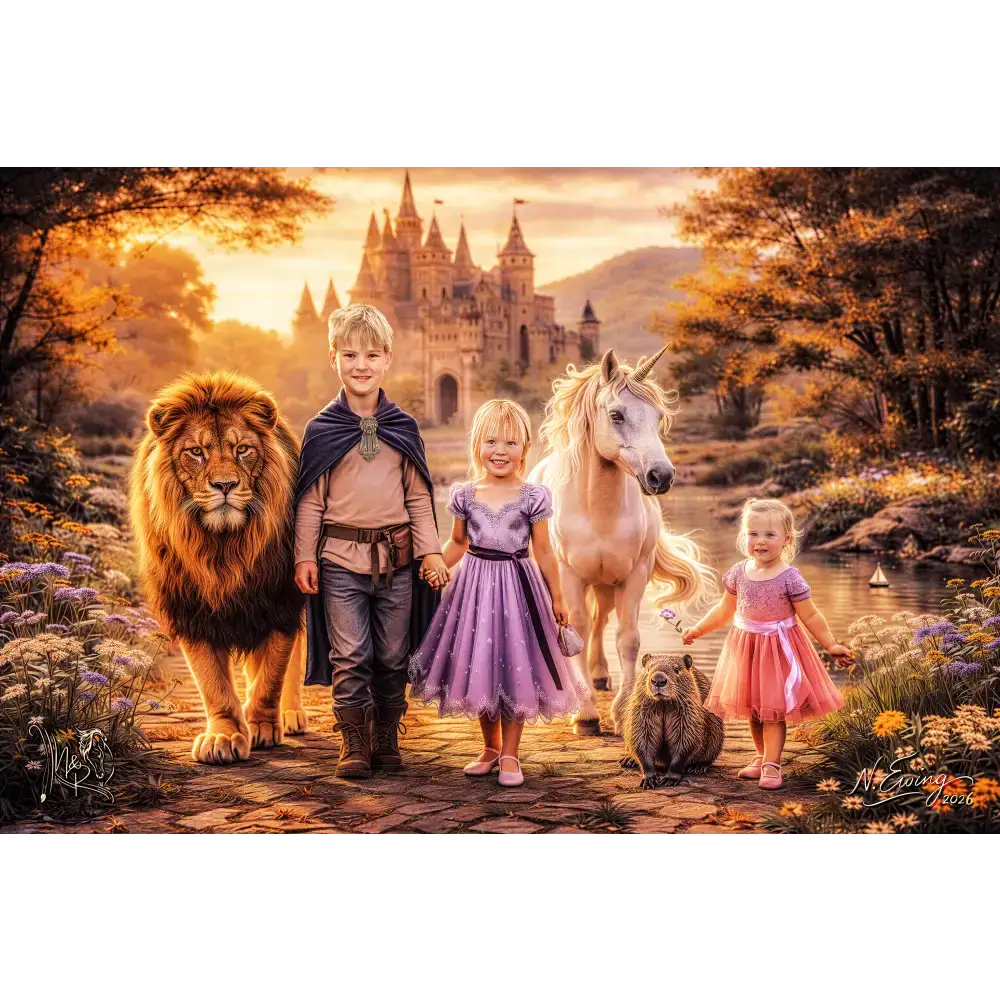 Custom equine and fantasy portrait silver tier featuring children on a stone path with a girl in a purple sparkly tulle dress