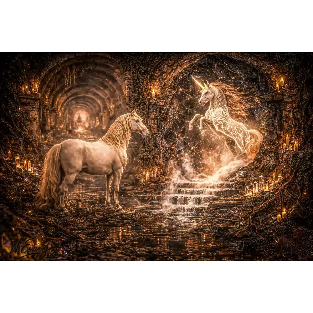 A glowing white unicorn with a golden horn leaps above water steps in an ancient stone tunnel for custom fantasy portrait