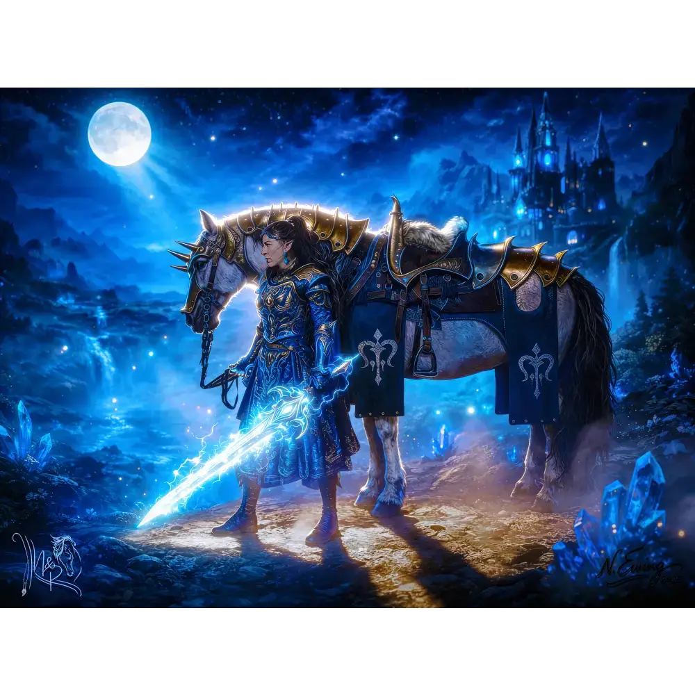 Custom equine and fantasy portrait silver tier of blue-tinged armored knight with glowing sword beside white horse in gold and dark blue armor under full moon
