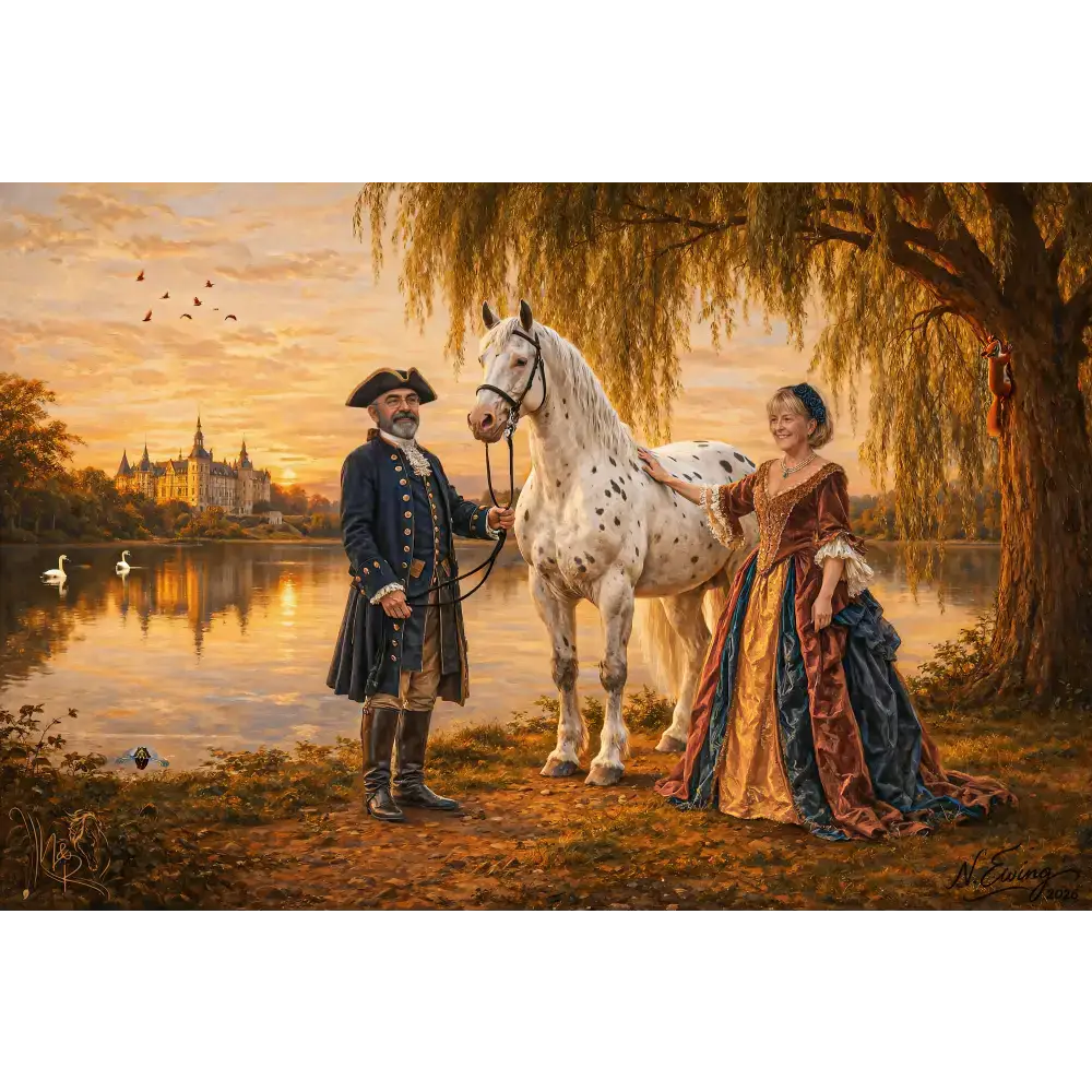 Custom equine and fantasy portrait silver tier featuring a majestic white horse with dark spots beside two figures under a willow tree
