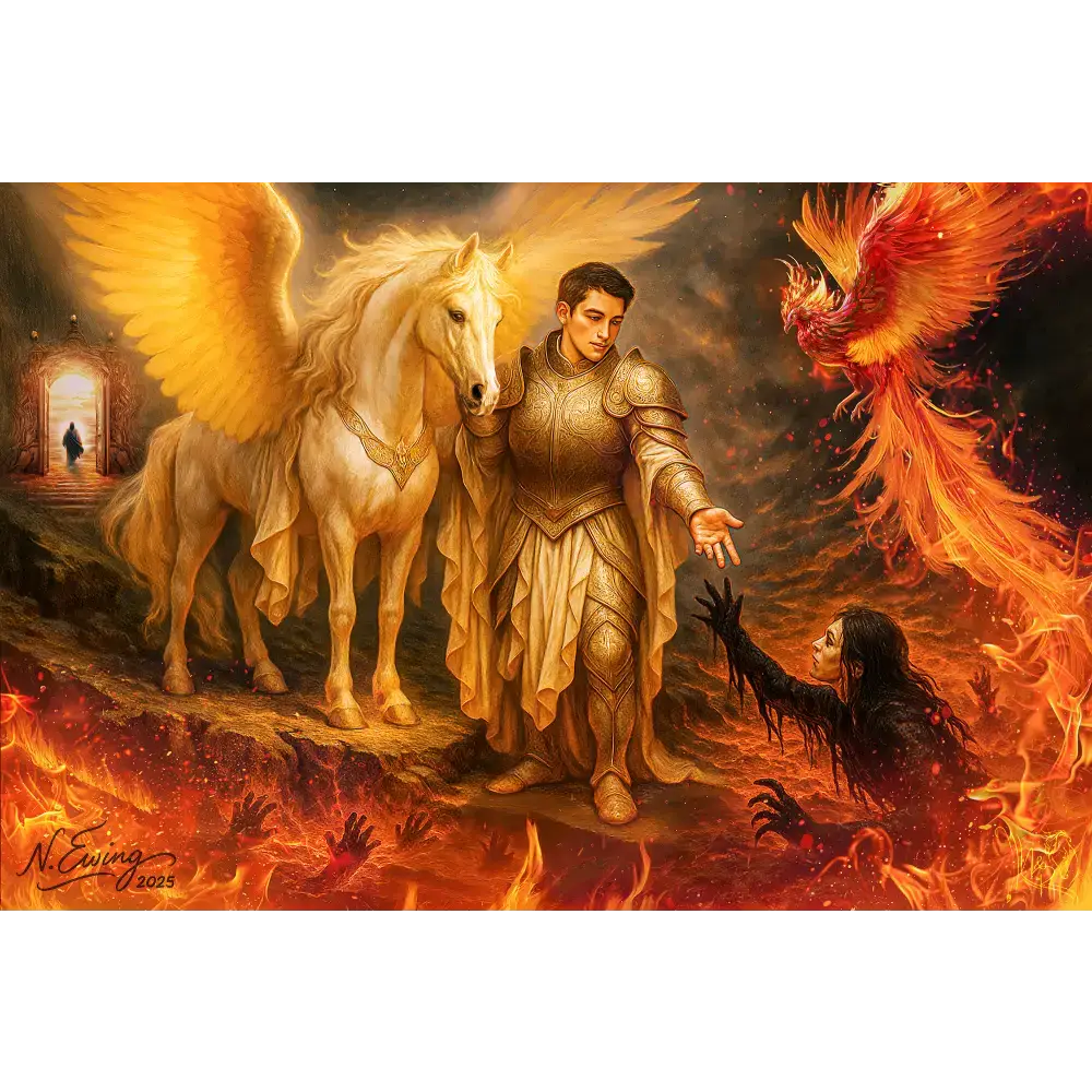 Custom equine and fantasy portrait silver tier featuring a golden armored knight beside a white winged horse in fire