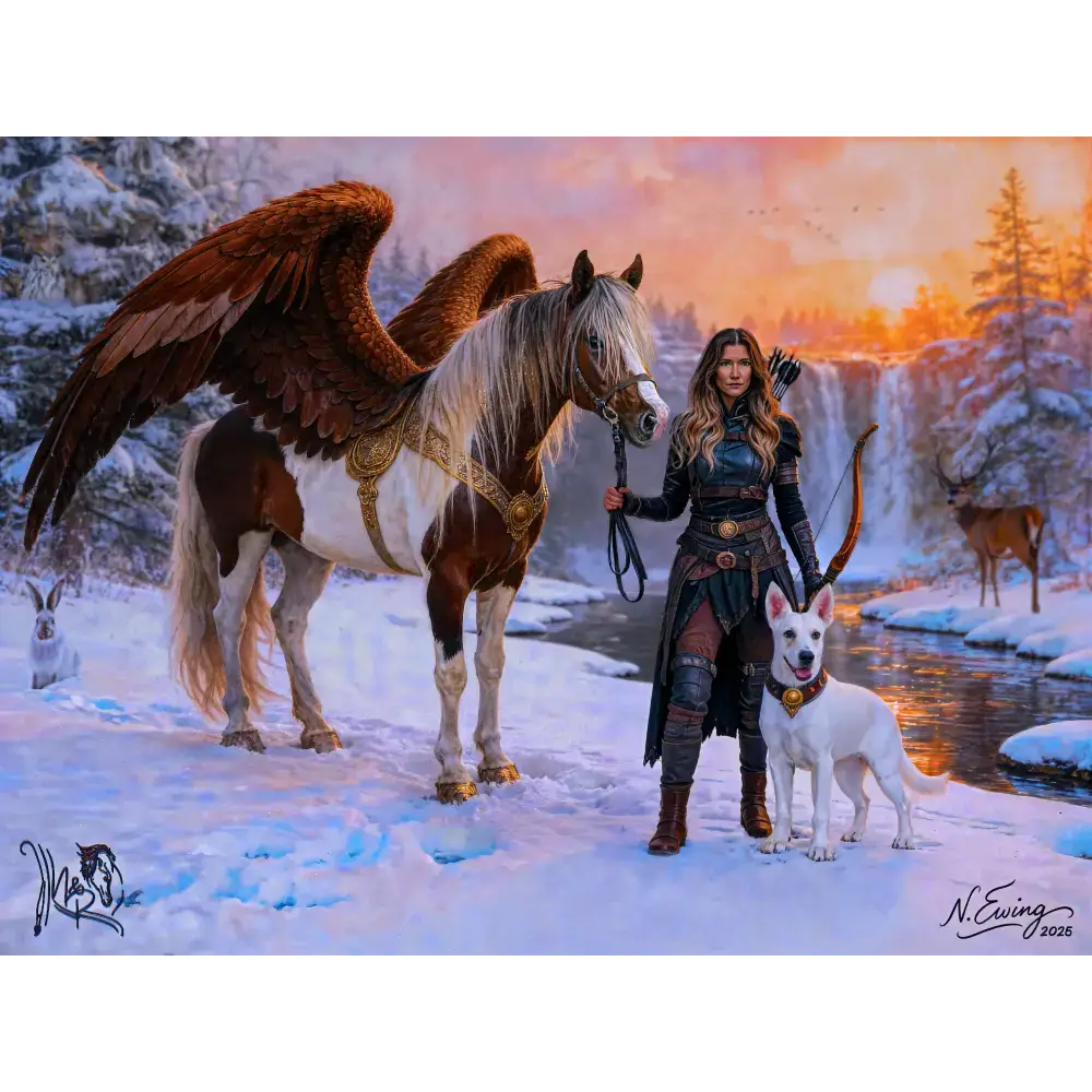 Custom equine and fantasy portrait of a brown and white winged horse with golden harness standing in snow silver tier
