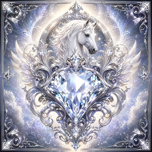 Diamond edition premium custom equine fantasy portrait featuring a radiant white horse with silver wings and diamond heart centerpiece