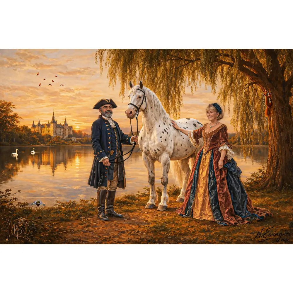 A majestic white horse with dark spots beside two elegant figures under a willow tree in diamond edition premium custom art