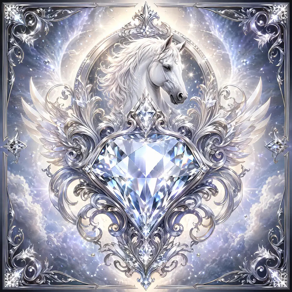 Diamond edition epic scene cover art featuring a radiant white horse with silver wings and a diamond heart centerpiece