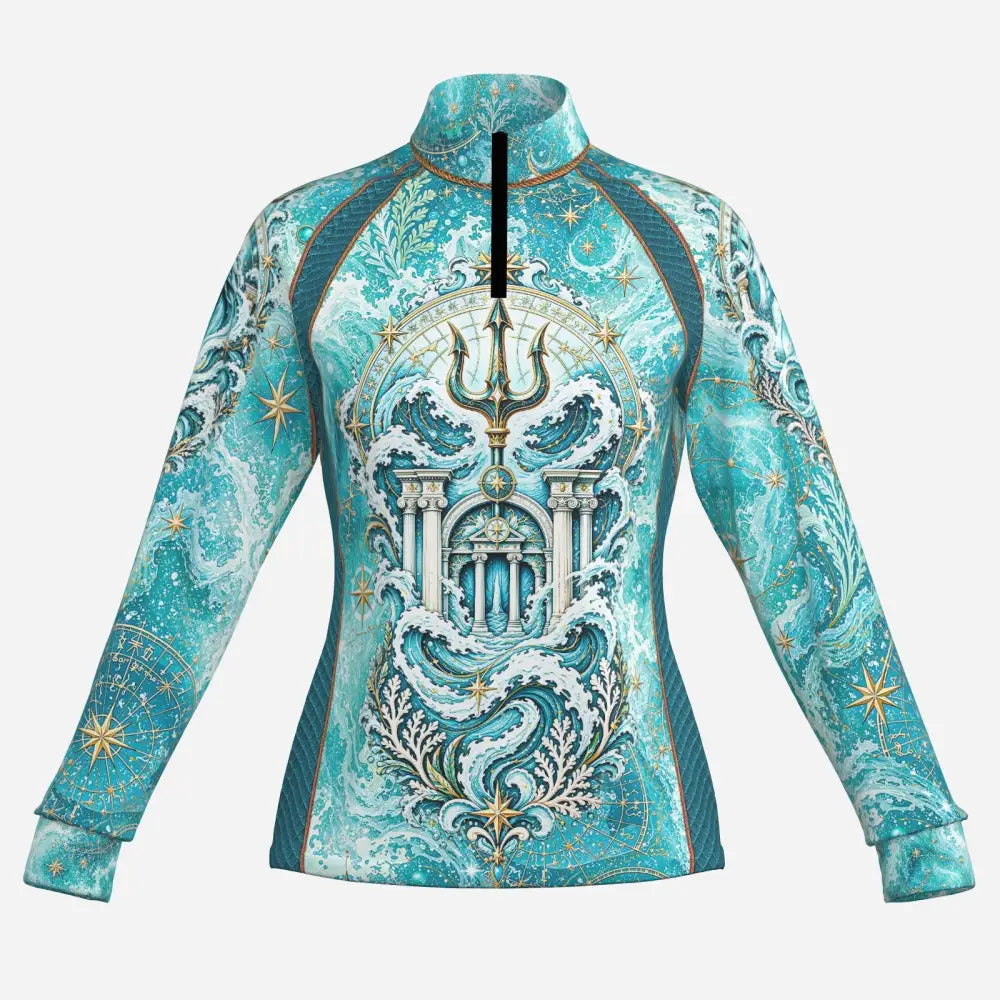 Equus genesis teal ocean trident long-sleeved UPF50+ sun shirt with ocean trident horse print and architectural design