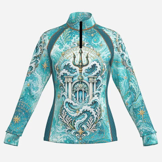 Equus genesis teal ocean trident long-sleeved UPF50+ sun shirt with ocean trident horse print and architectural design