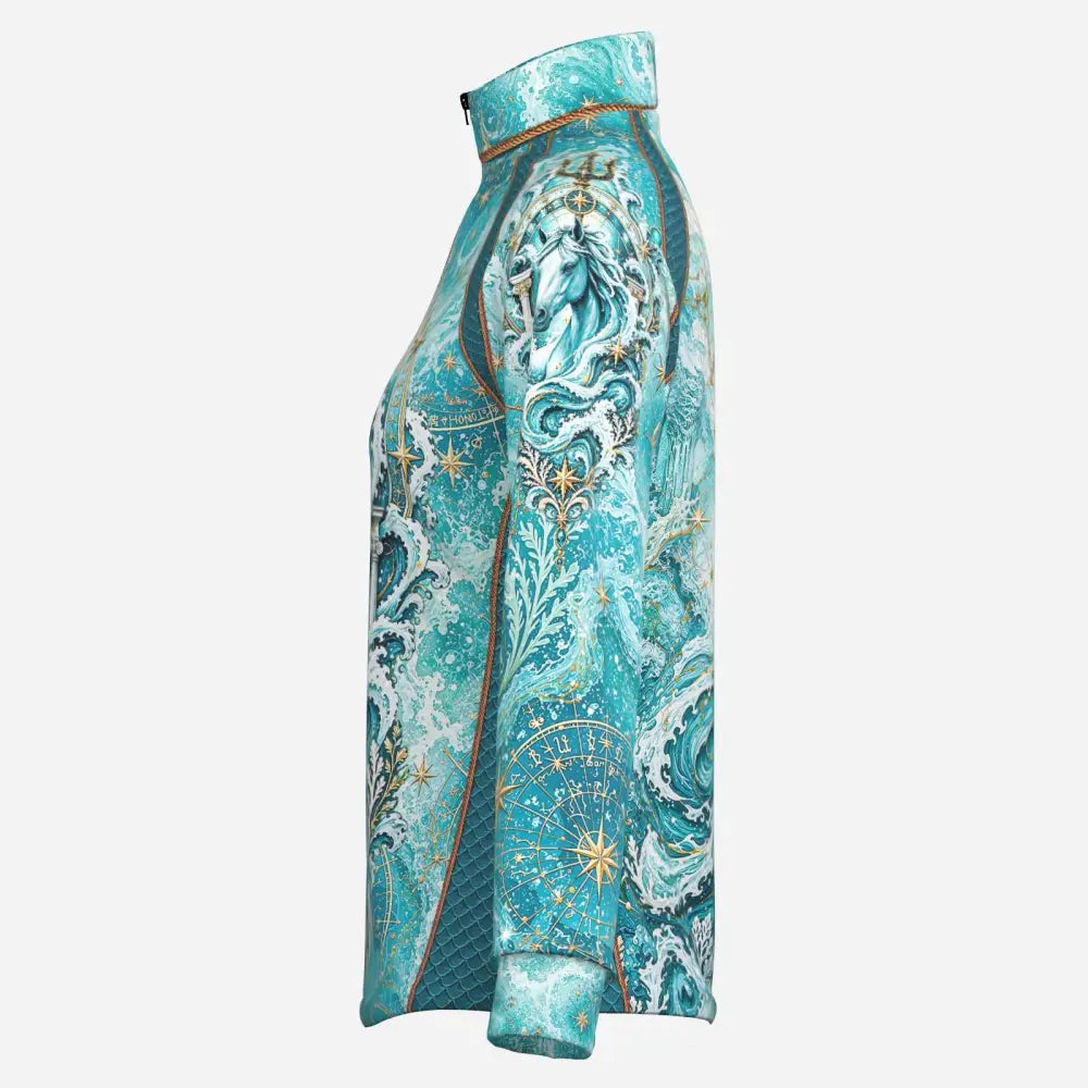 Equus Genesis teal ocean trident equestrian sun shirt with gold ocean trident horse print and celestial designs