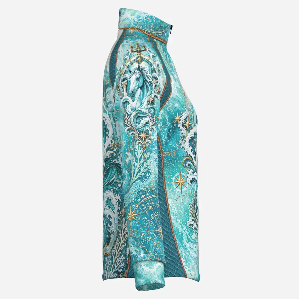 Teal and gold ocean-themed zip-up jacket with trident horse print featuring waves stars and celestial patterns