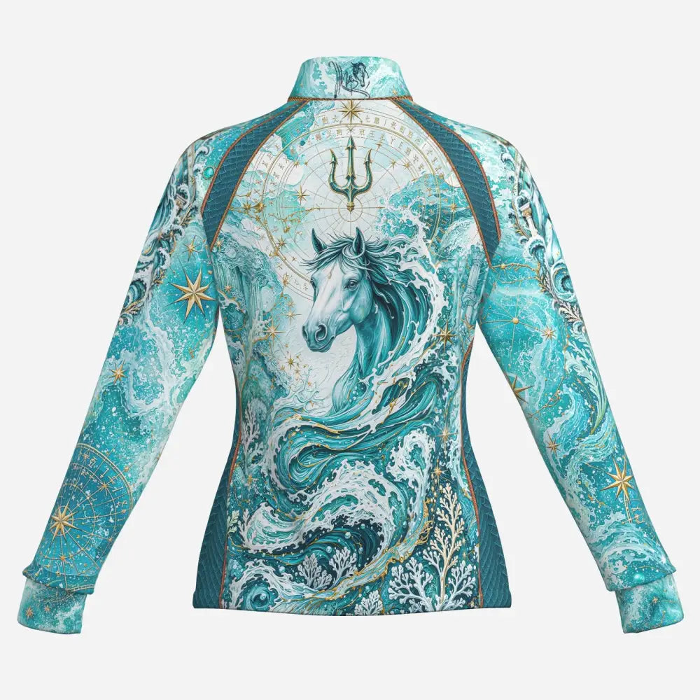 Equus genesis long-sleeved performance jacket in teal ocean trident design with ocean trident horse print and upf50+ protection