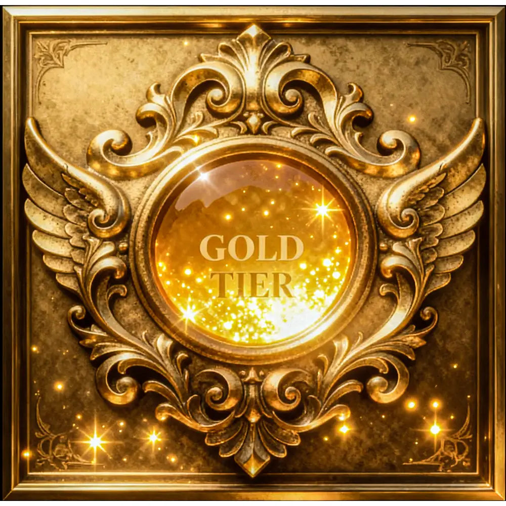 Gold tier emblem with ornate wings and glittering center for cinematic fantasy digital painting epic transformation portrait
