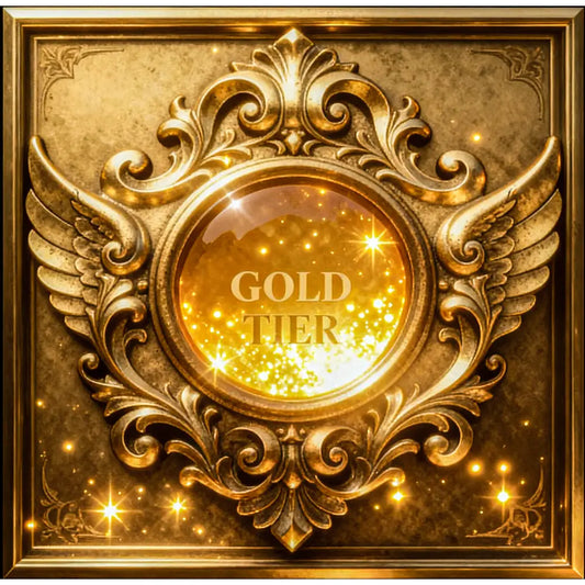 Gold tier emblem with ornate wings and glittering center for cinematic fantasy digital painting epic transformation portrait