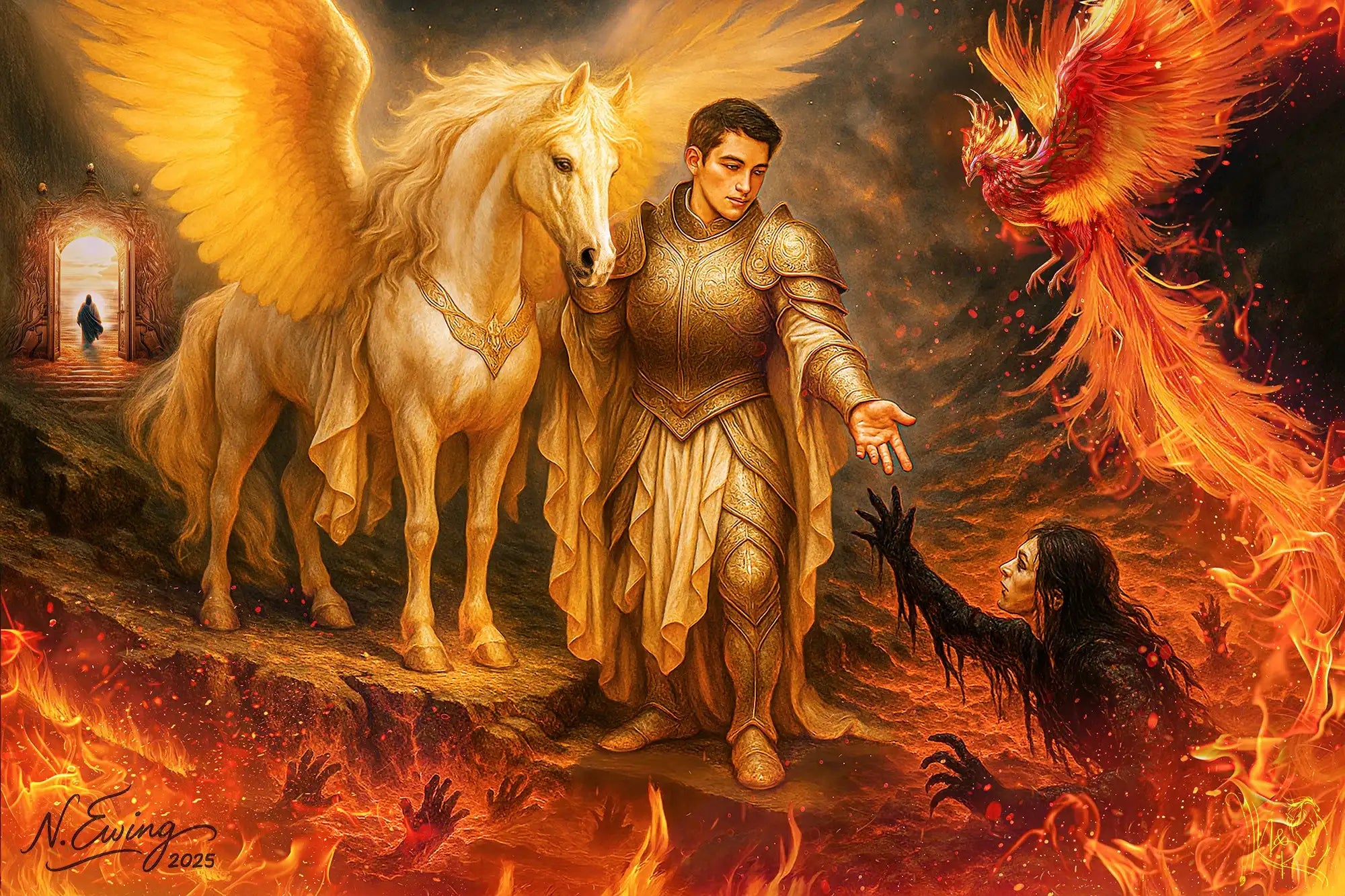 Golden winged horse with white mane and tail, adorned in armor