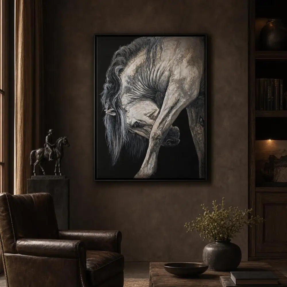 A framed black and white luxury horse canvas print depicting a detailed muscular white horse with flowing mane by Nadine Ewing