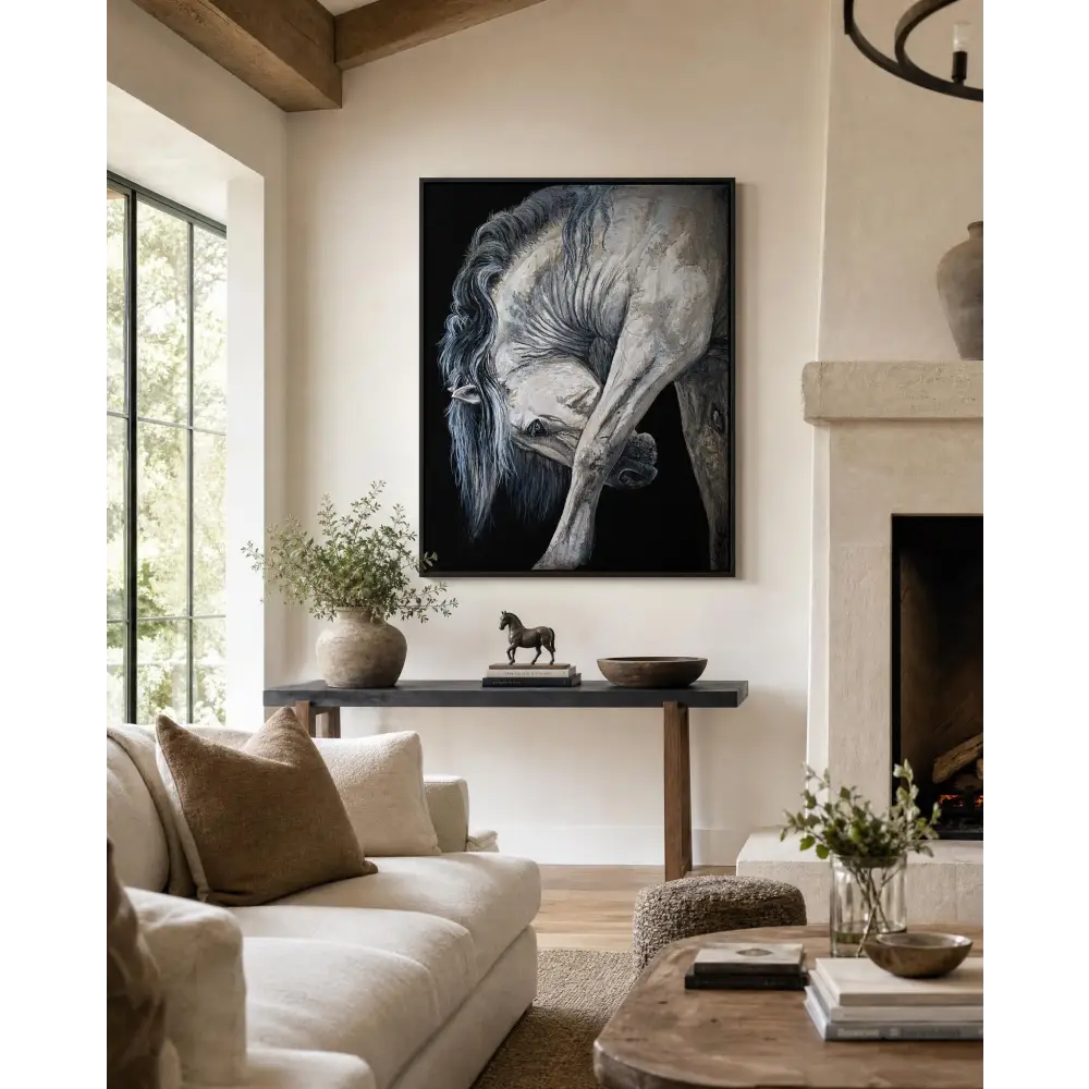Limited edition luxury black and white horse canvas print with detailed flowing mane and expressive eyes by Nadine Ewing
