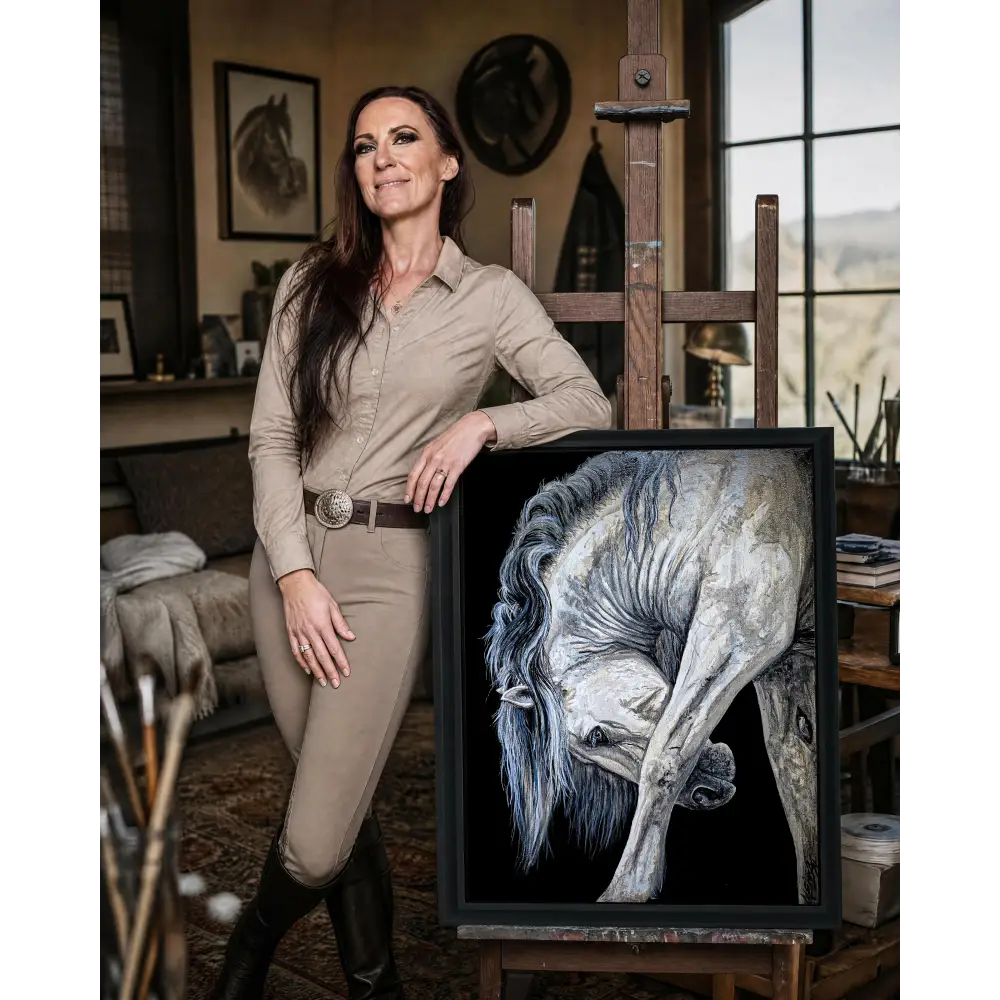 A limited edition luxury horse canvas print featuring a detailed black-framed white horse in realistic grayscale tones