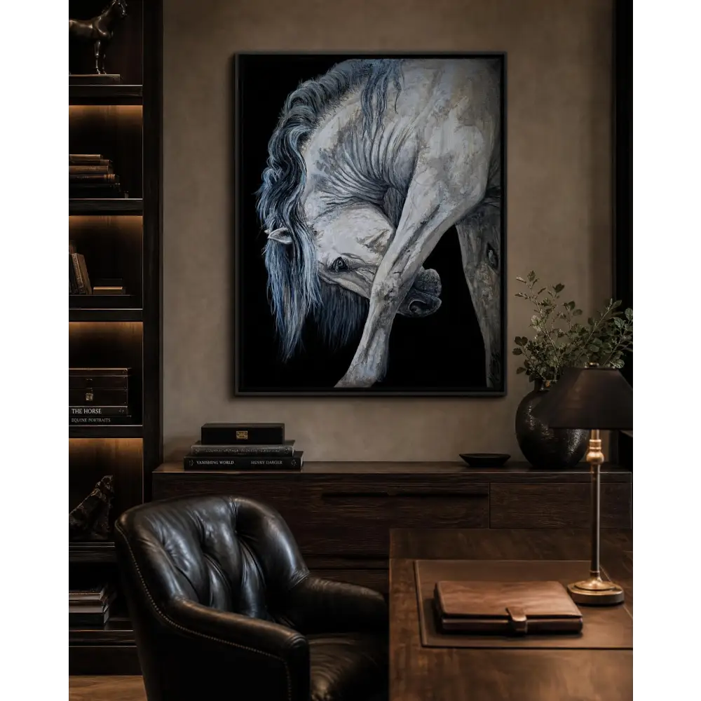 Limited edition luxury horse canvas print featuring a realistic white horse with blue gray mane in a black frame