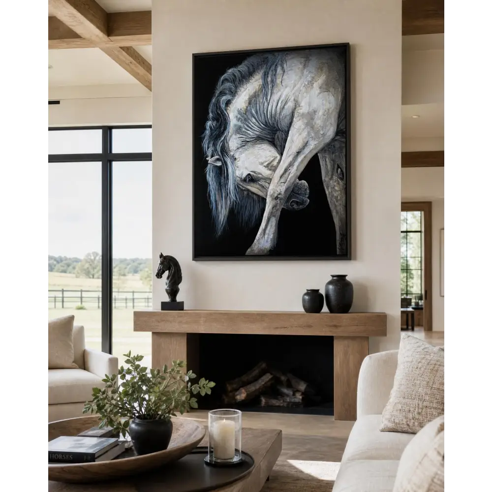 Limited edition luxury black and white horse canvas print featuring a detailed flowing mane by Nadine Ewing