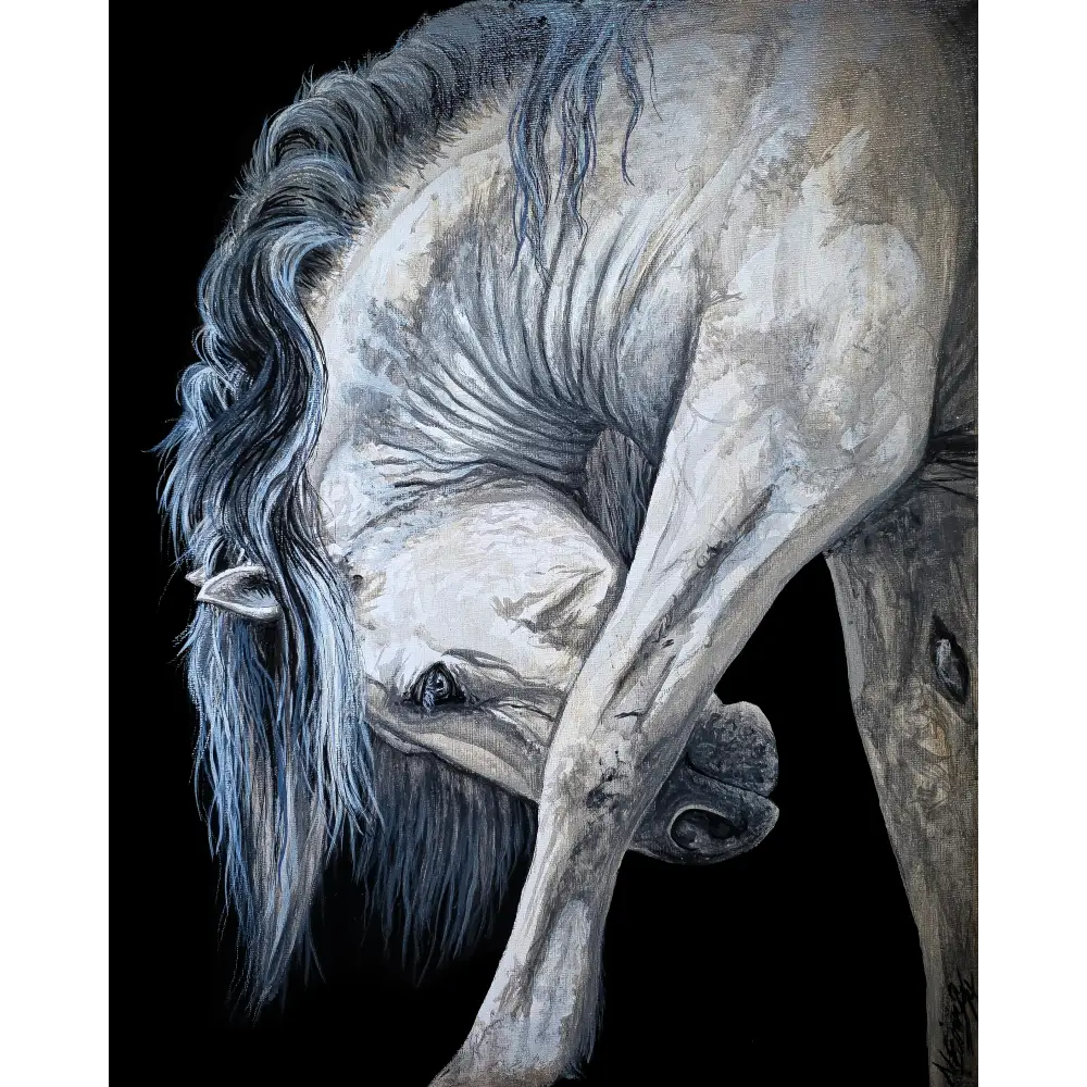 Limited edition luxury horse canvas print featuring a detailed oil painting of a white horse with dark flowing mane