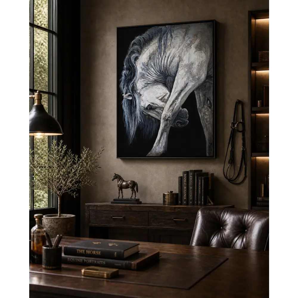 Black-framed canvas artwork of a detailed monochromatic horse portrait with flowing mane and muscular build by nadine ewing