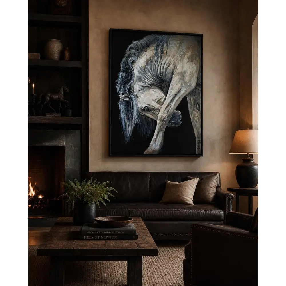 Limited edition luxury horse canvas print by Nadine Ewing featuring a striking black-framed white horse with flowing mane