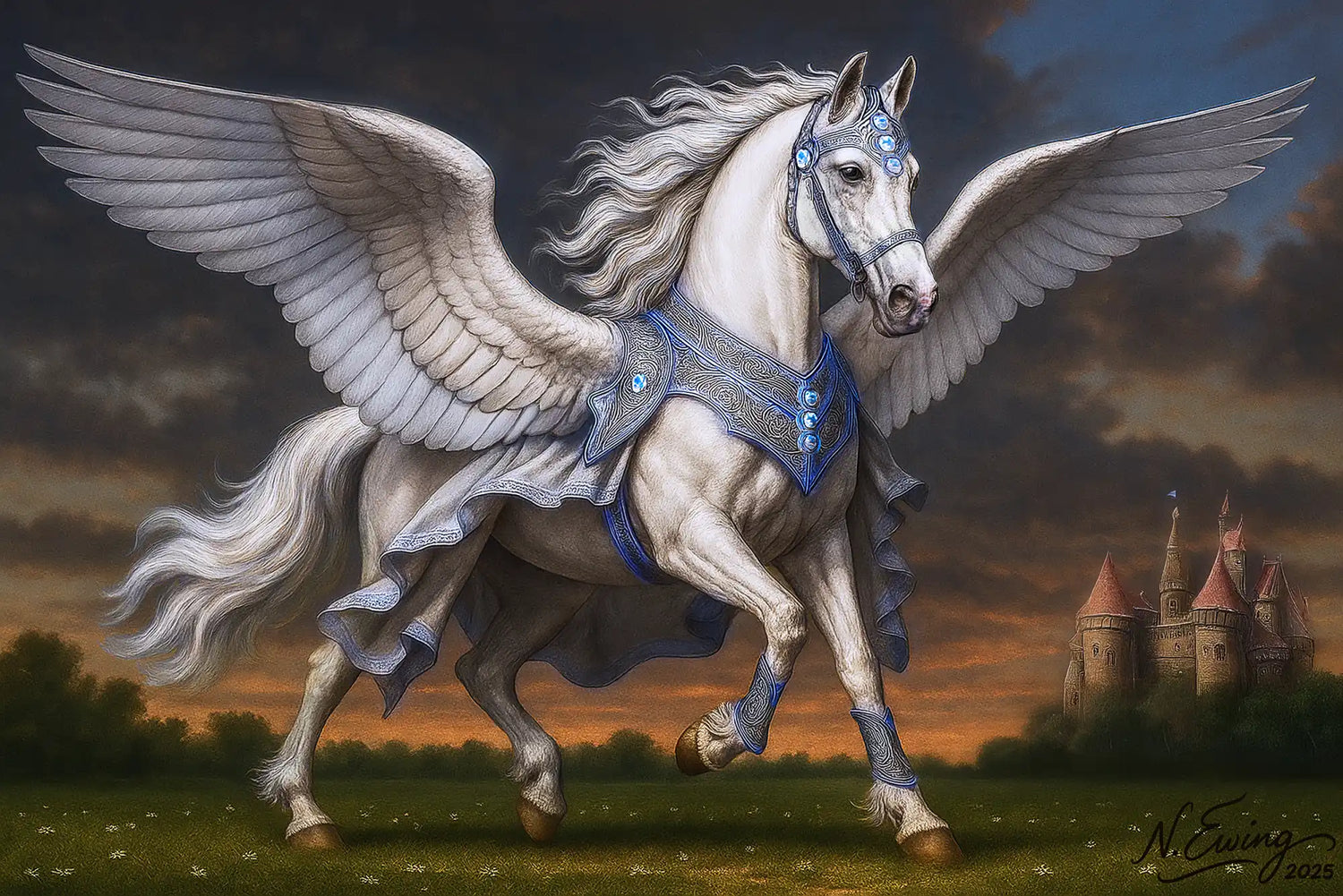 Majestic white Pegasus with ornate blue and silver armor.