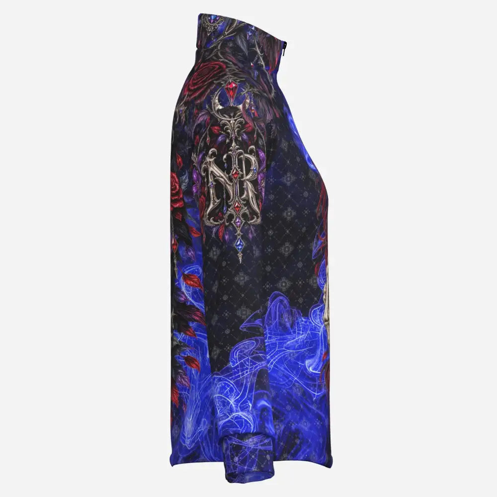 Memento vivere skeleton floral horse print dark blue satin blouse with red roses silver lettering and glowing blue patterns