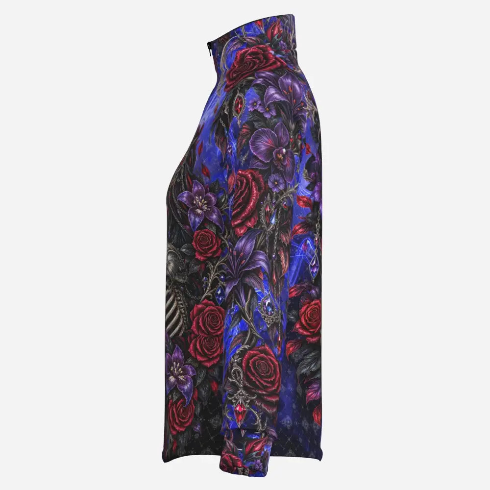 A vibrant blue memento vivere equestrian sun shirt with skeleton floral horse print featuring red roses and purple lilies