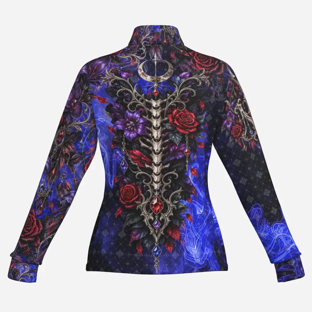 Long-sleeved high-neck memento vivere sun shirt with skeleton floral horse print and red and purple flowers on dark blue black base