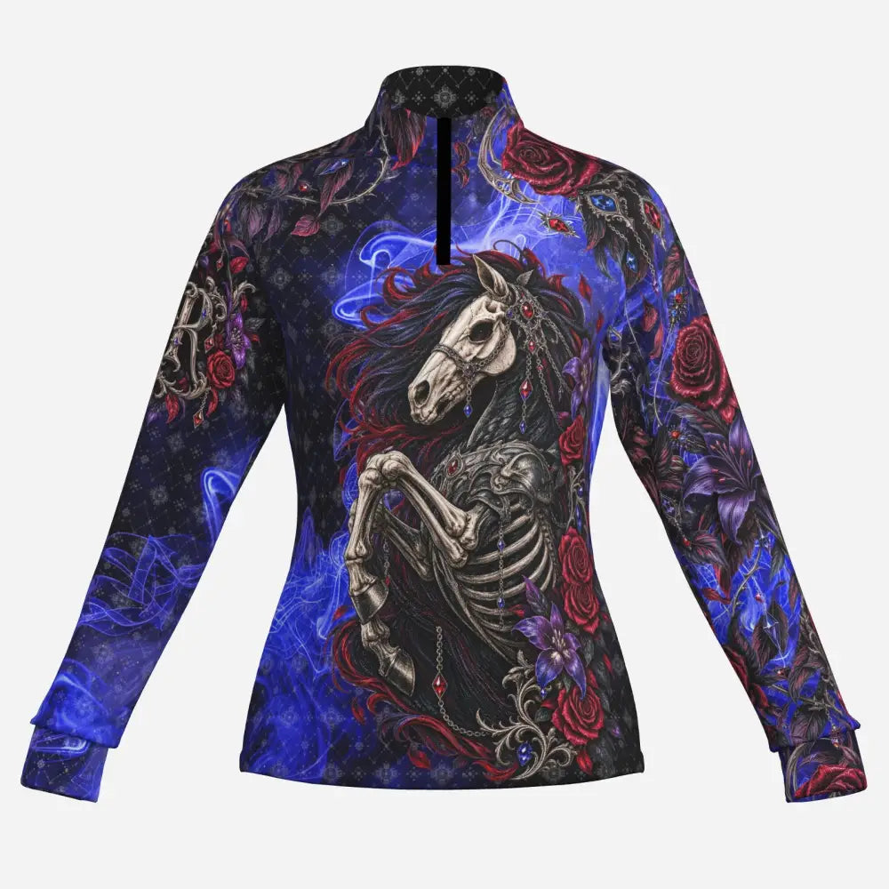 Memento vivere long-sleeved equestrian shirt with skeleton floral horse print and upf50+ sun protection in deep blue